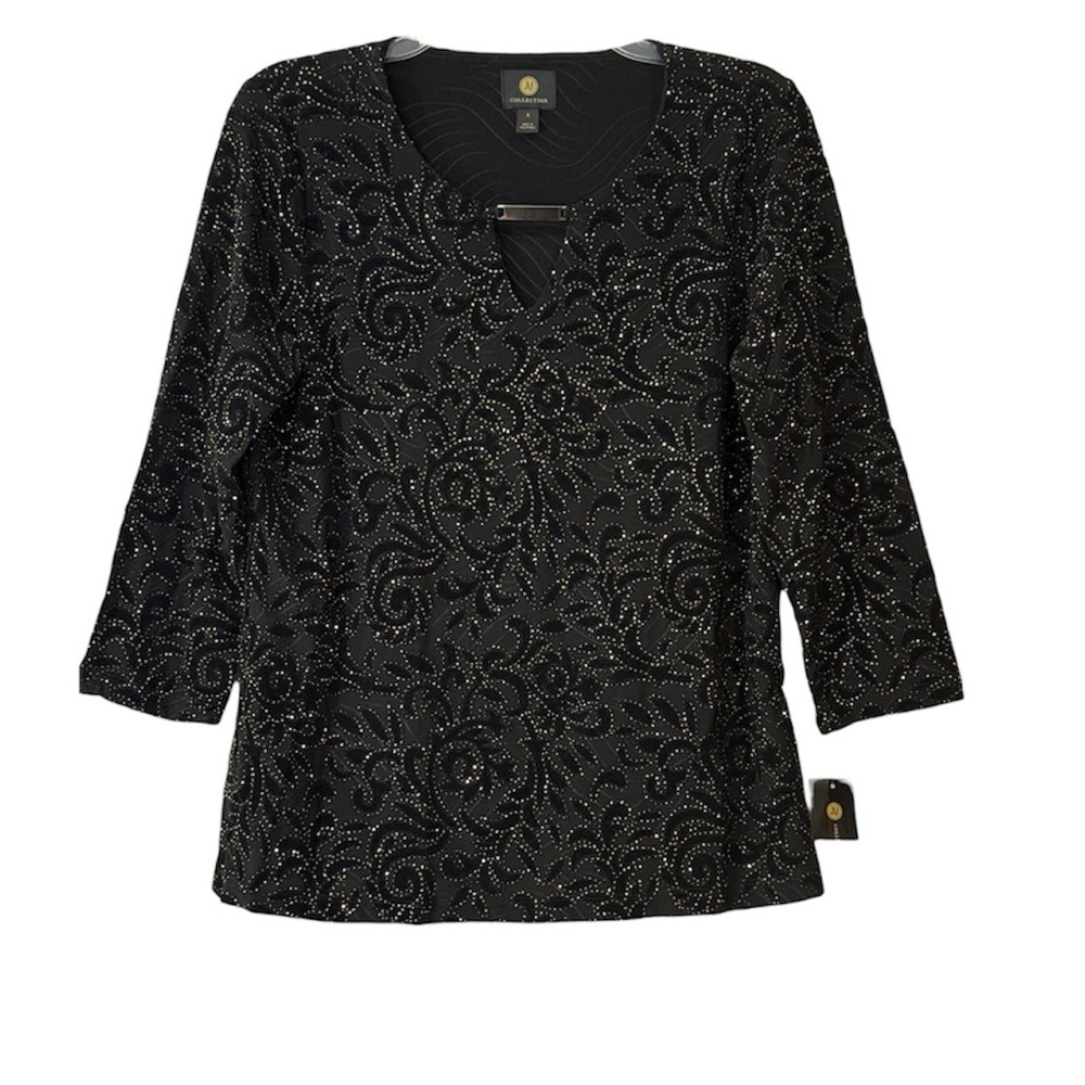 JM Collection Blouse Sparkly Flocked Jacquard 3/4 Sleeve Black Size Small NWT